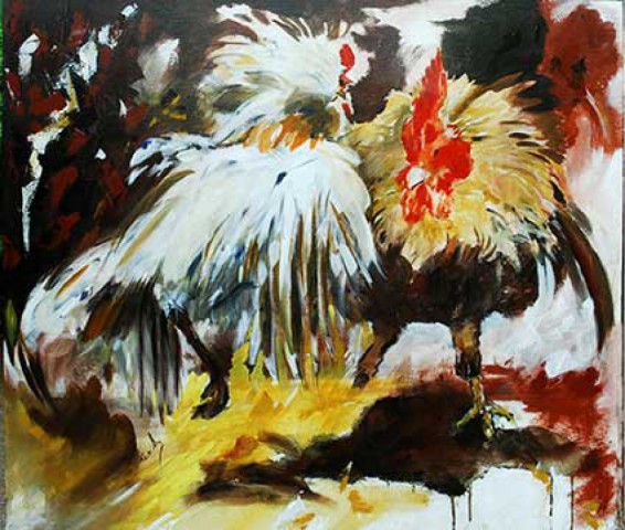 Title: Cock Fight | Medium: Acrylic on Canvas | Size: 32"X28" | Collection: Private collection, Mangalore