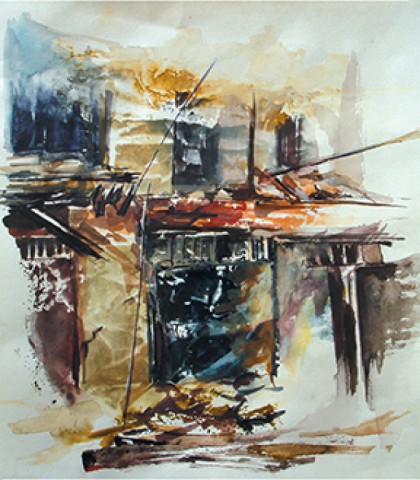 Title: Landscape2 | Medium: Watercolour on paper | Size: 12"X12" | Collection: Private collection, Udupi