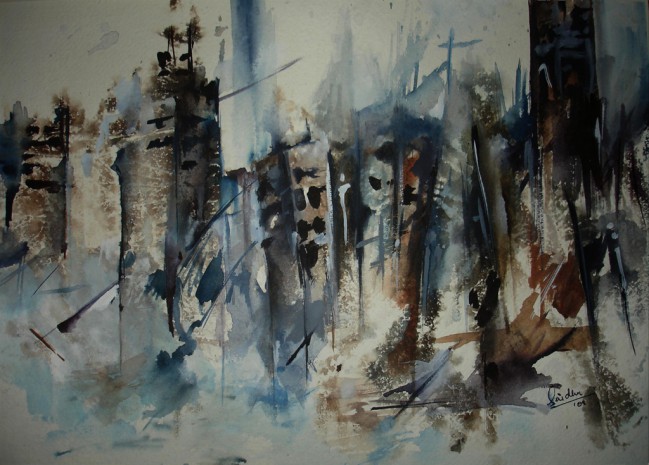 Title: CityScape2 | Medium: Watercolour on paper | Size: 12"X12" | Collection: Private collection, Mumbai